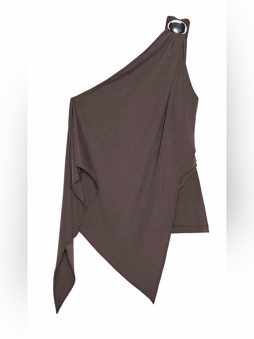 Zara Asymmetrical One-Shoulder Brown Top w/ Silver Embellishment